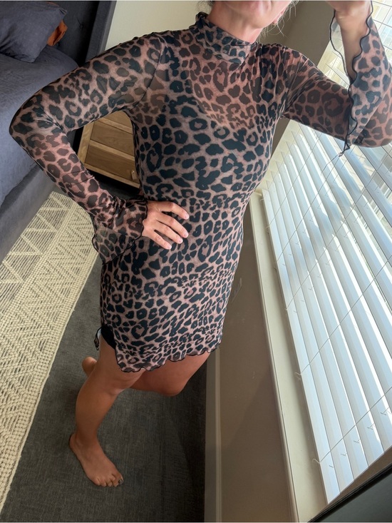 Dresses & Skirts - Y2K Sheer Leopard Mesh Overlay Mini Dress with Flare Bell Sleeves
